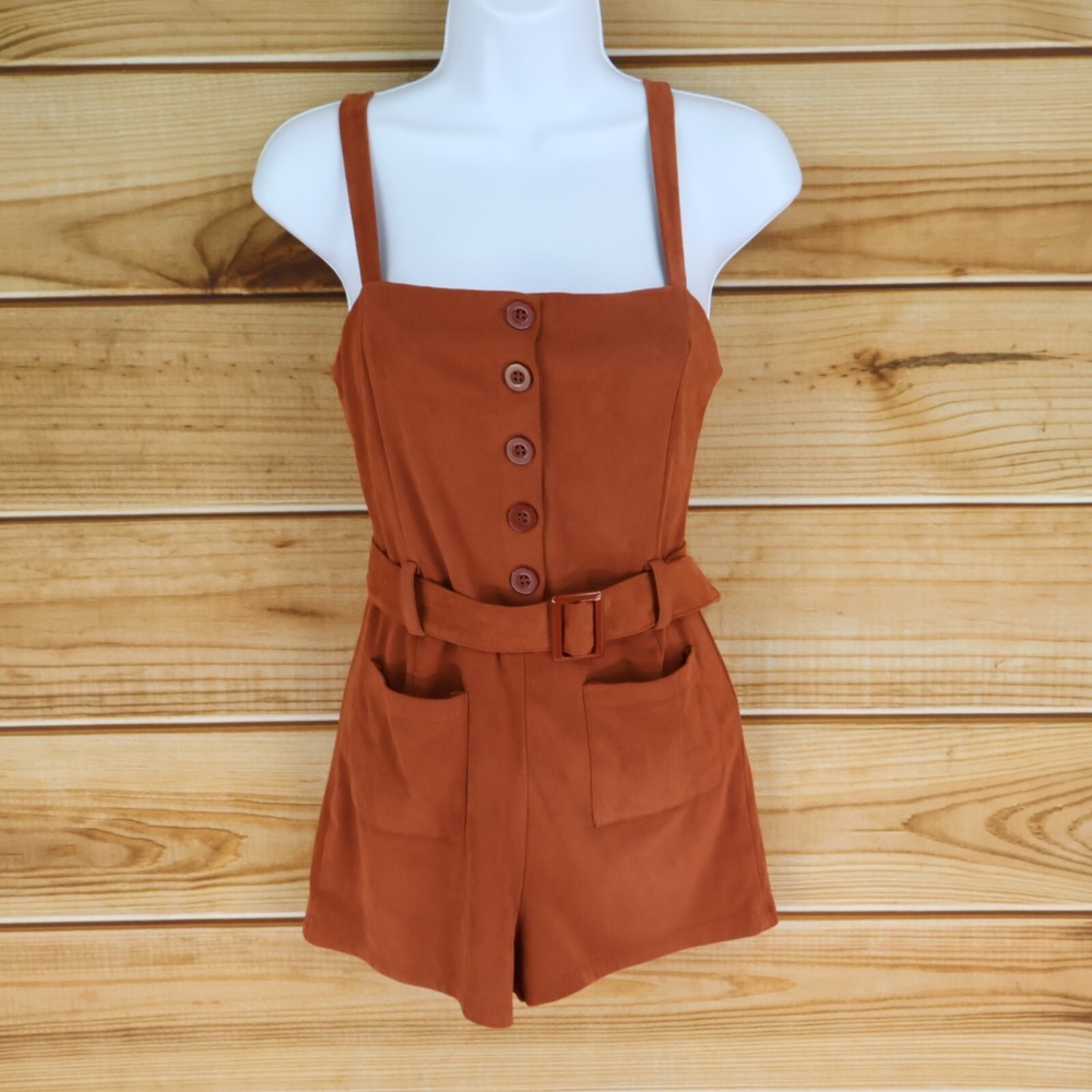 Forever 21 Romper Belted Womens Sz S Brown/Orange Pockets Sleeveless Square Neck